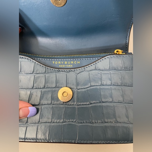 Tory Burch Croc Leather Brass Logo gold chain Crossbody bag Small Size - Picture 6 of 10